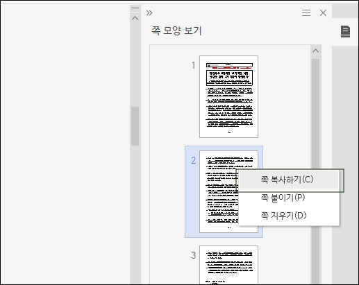 쪽 복사하기 선택하는 모습